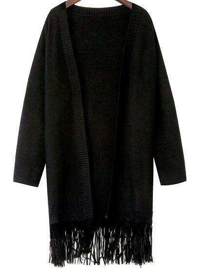 Romwe Tassel Long Black Coat