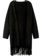 Romwe Tassel Long Black Coat