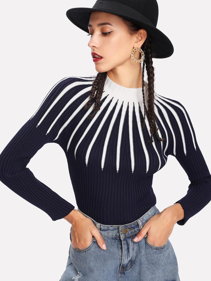 Romwe Contrast Neck Ribbed Knit Sweater