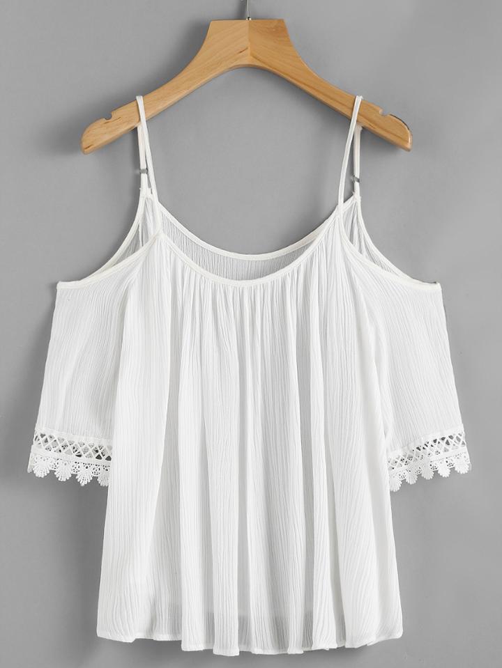 Romwe Open Shoulder Lace Cuff Pleated Blouse