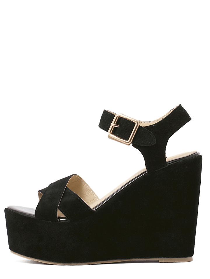 Romwe Black Peep Toe Crisscross Buckle Strap Wedge Sandals