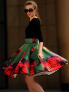 Romwe V Neck Slim Top With Florals Flare Skirt