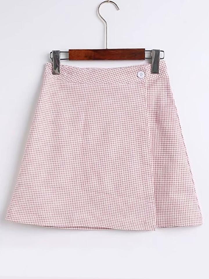 Romwe Gingham A Line Skirt With Buttons