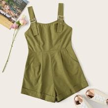 Romwe Slant Pocket Solid Pinafore Romper