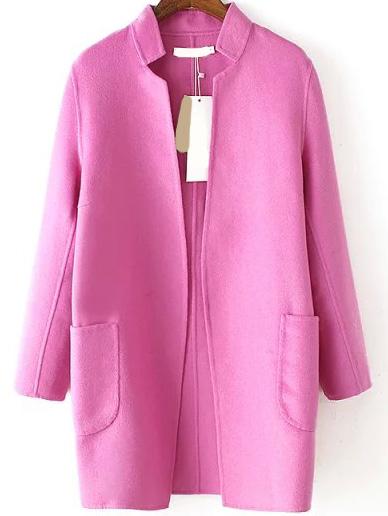 Romwe Stand Collar Pockets Cashmere Pink Coat