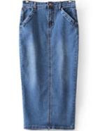 Romwe Blue Pockets Bleached Split Denim Skirt