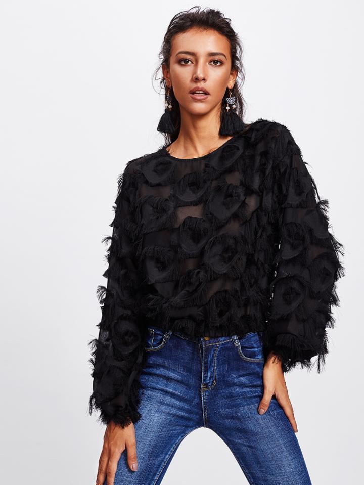 Romwe Fringe Patch Mesh Top