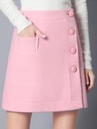 Romwe Single Breasted A-line Pink Skirt With Pocket