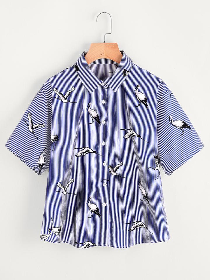 Romwe Bow Tie Open Back Crane And Stripe Print Shirt