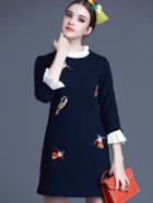 Romwe Navy Collar Length Sleeve Embroidered Dress
