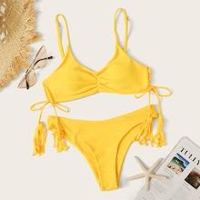 Romwe Tassel Lace-up Side Ruched Bikini Set