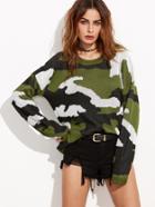 Romwe Olive Green Drop Shoulder Camo Sweater