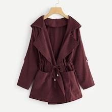 Romwe Plus Knot Front Ruched Hooded Coat