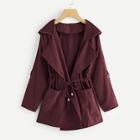 Romwe Plus Knot Front Ruched Hooded Coat