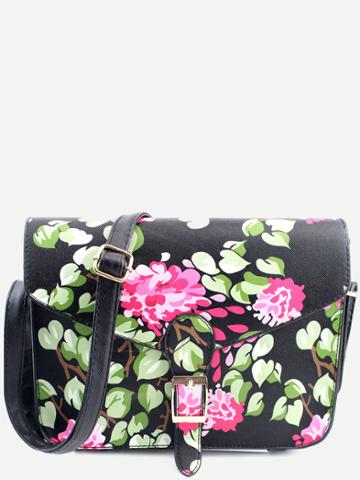 Romwe Black Pu Floral Print Buckle Closure Messenger Bag