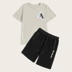 Romwe Guys Letter Print Tee With Side Zipper Shorts