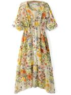 Romwe Multicolor Elastic Waist Zipper Back Floral Print Midi Dress
