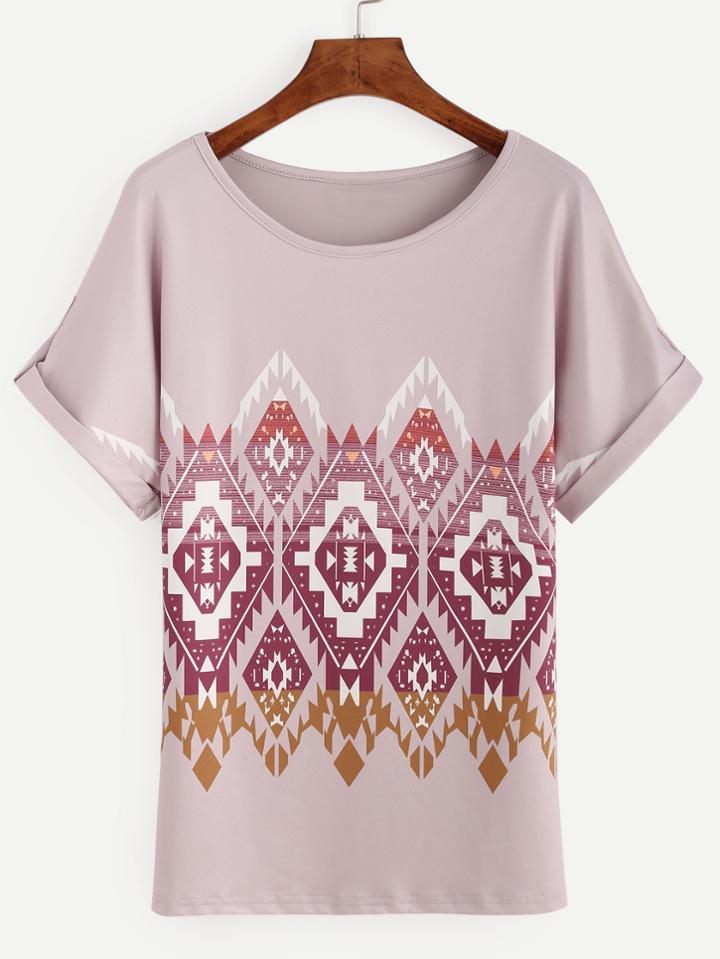 Romwe Pink Tribal Print Roll Sleeve Top