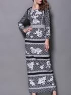 Romwe Black Round Neck Long Sleeve Check Print Maxi Dress