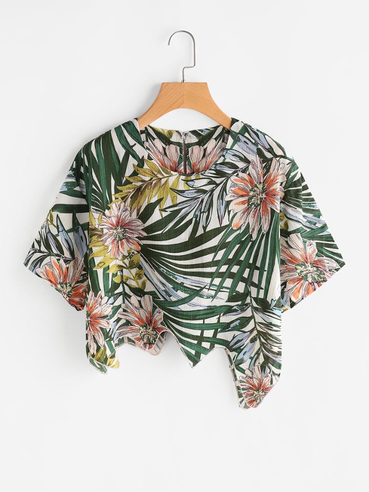 Romwe Floral Leaf Print Random Asymmetric Hem Blouse