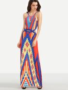 Romwe Multicolor Tribal Print Cutout Midriff Maxi Dress