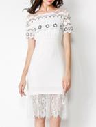 Romwe White Round Neck Short Sleeve Hollow Contrast Lace Dress
