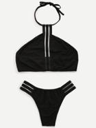 Romwe Black Striped Mesh Panel Halter Neck Bikini Set
