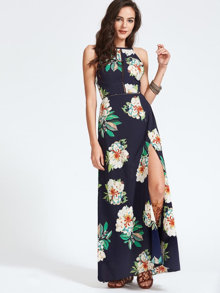Romwe Halter Laser-cut Bow Tie Backless Slit Dress