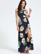 Romwe Halter Laser-cut Bow Tie Backless Slit Dress