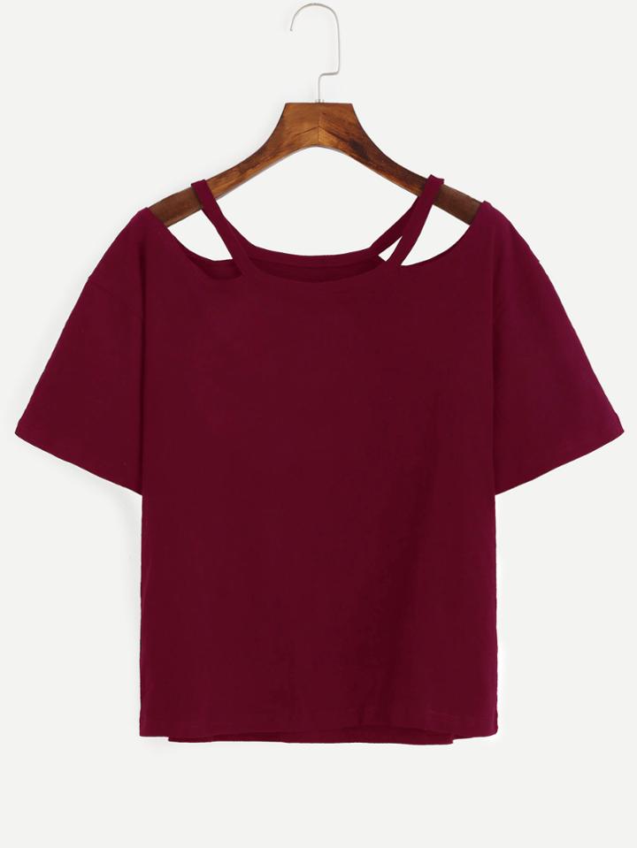Romwe Burgundy Cutout Neck T-shirt
