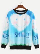 Romwe Blue Contrast Trim Smiley Cloud Print Sweatshirt