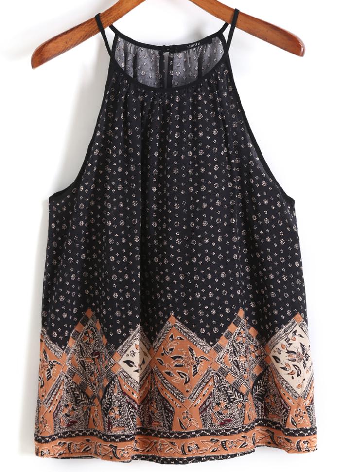 Romwe Halter Vintage Print Cami Top