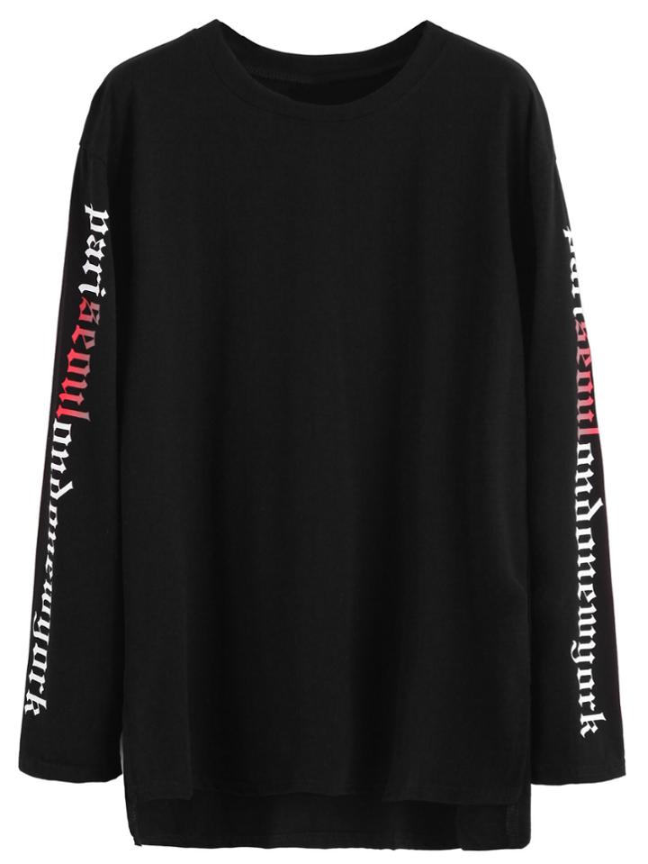 Romwe Black Letters Print Sleeves Dip Hem T-shirt