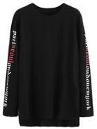 Romwe Black Letters Print Sleeves Dip Hem T-shirt