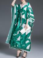 Romwe Green Leaves Print Drawstring Maxi Dress