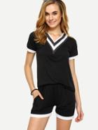 Romwe Striped V-neck T-shirt With Shorts - Black