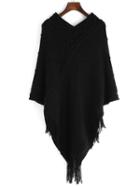 Romwe V Neck Geometric Patterned Fringe Black Poncho