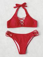 Romwe Criss Cross V Neck Ladder Cutout Bikini Set