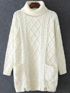 Romwe Turtleneck Cable Knit Pockets White Sweater