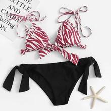 Romwe Zebra Print Top With Tie Side Bikini