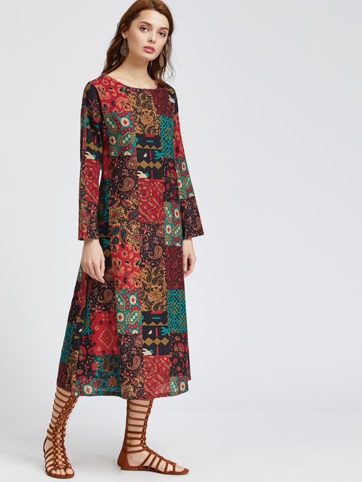 Romwe Retro Print Shift Midi Dress