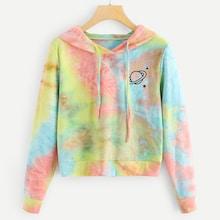Romwe Tie Dye Drawstring Hooded Sweatshirt