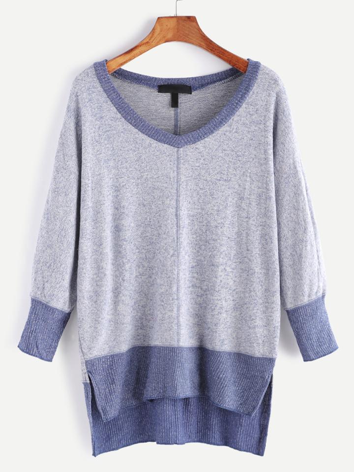 Romwe Contrast Trim V Neck Dip Hem Split Sweater