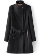 Romwe Stand Collar Classic Long Black Coat