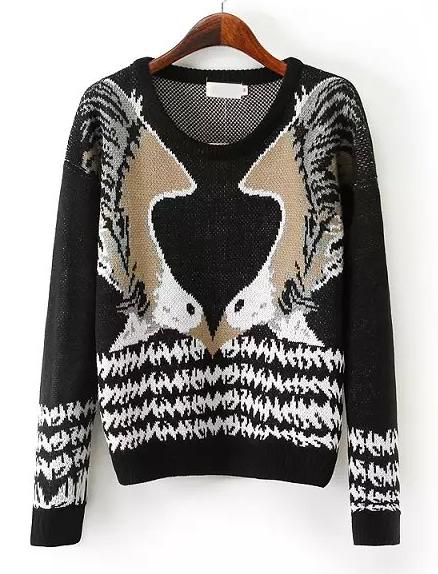 Romwe Eagle Print Black Sweater
