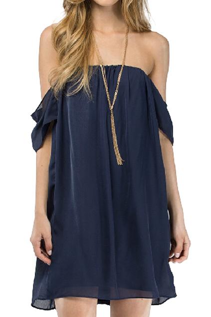 Romwe Romwe Off-shoulder Flouncing Pleated Loose Navy-blue Dress