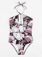 Romwe Flower Print Halter Swimsuit