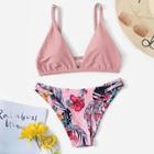 Romwe Ruched Cut-out Back Top With Random Floral Bikini
