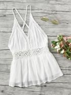 Romwe Lace Trim Criss Cross Backless Pleated Cami Top