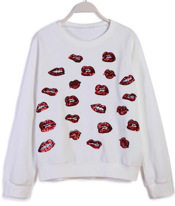 Romwe With Sequined Lips Pattern Sweartshirt